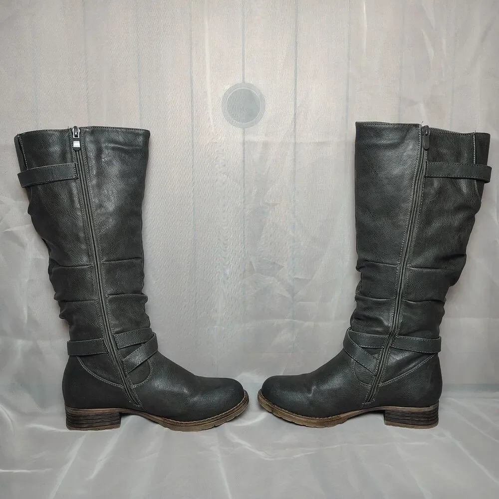 Kadi Maya Charcoal Gray Faux Leather Slouchy Zip Up Knee High Riding Boots sz 8